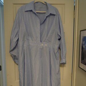 Classic French Chic Blue White Striped Collared Midi Dress